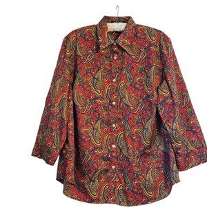 Lauren Ralph Lauren Red Paisley Button Up 3/4 Sleeve Cotton Blouse 1X